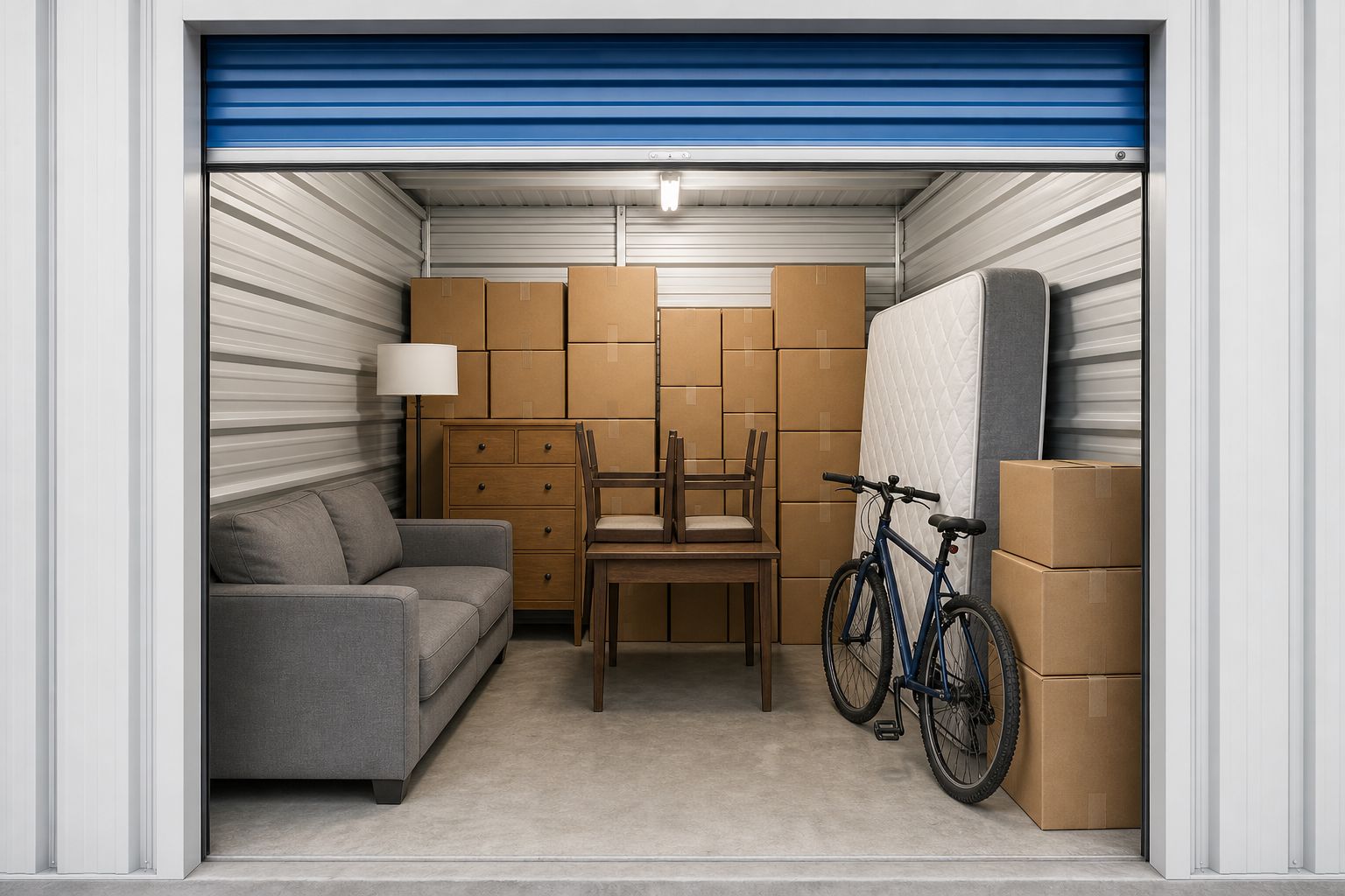 Inside a 10 by 10 foot storage unit holding the contents of a two-bedroom apartment